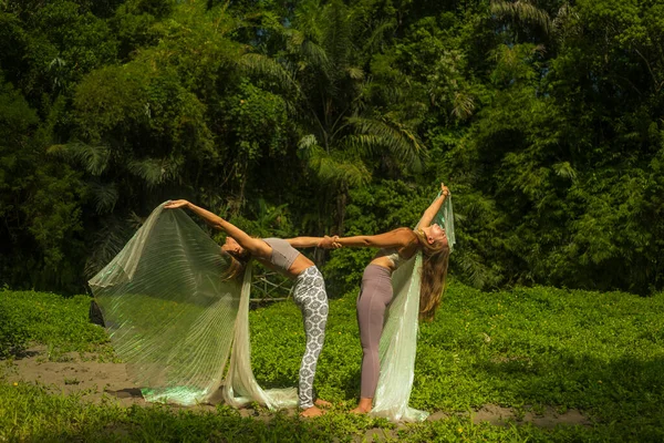 Junge Schöne Und Glückliche Frauen Beim Gemeinsamen Akro Yoga Workout — Stockfoto