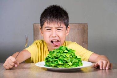 Üzgün ve tiksinmiş İspanyol çocuk ıspanak tabağının önünde oturmuş taze yemeği reddetmekten mutsuz çocuk yeşil sebze kavramından ve sağlıklı beslenmeden nefret ediyor. 