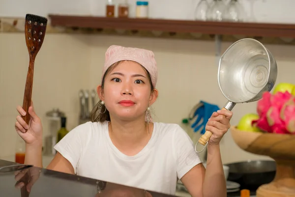 Lifestyle Home Portrait Beautiful Overwhelmed Stressed Korean Girl Working Kitchen — Stock Photo, Image