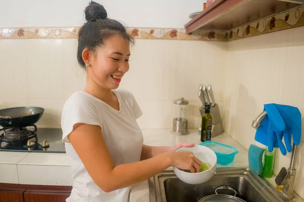 Young Happy Asian Woman Doing Domestic Chores Beautiful Sweet Cute — Stock Photo, Image
