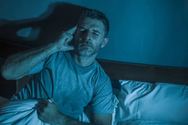 Dramatic Portrait Dark Attractive Depressed Worried Man Bed Suffering Depression — Stock Photo, Image