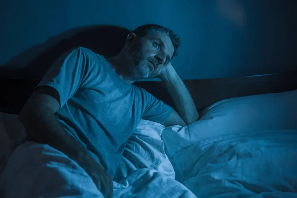 Dramatic Portrait Dark Attractive Depressed Worried Man Bed Suffering Depression — Stock Photo, Image