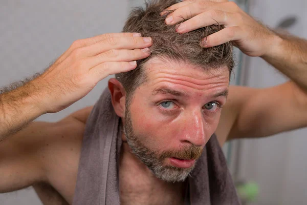 Lifestyle Portrait Mid Adult Attractive Concerned Upset Man Home Bathroom — Stock Photo, Image