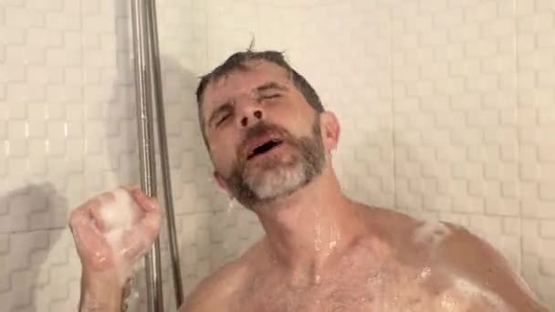Funny Shot Young Attractive Happy Man Beard Dancing Singing Shower — Stock Video