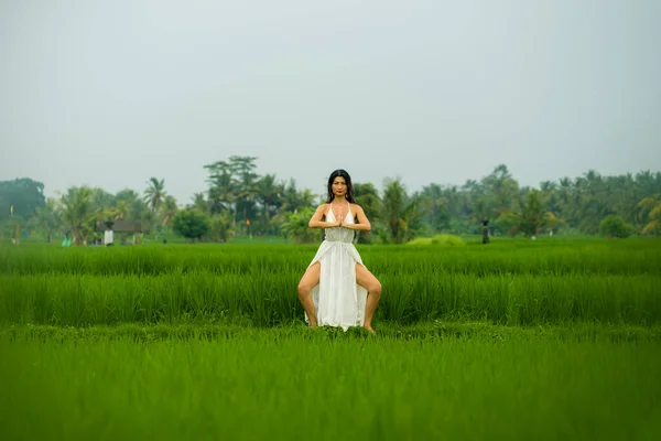 body and mind connection with nature - happy and beautiful Asian Chinese woman doing yoga and meditation exercise outdoors at idyllic green rice field enjoying tropical Summer holidays