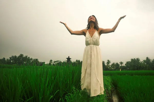 body and mind connection with nature - happy and beautiful Asian Japanese woman doing yoga and meditation exercise outdoors at idyllic green rice field enjoying tropical Summer holidays