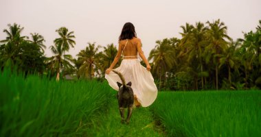 Açık havada, beyaz elbiseli, çekici ve mutlu Asyalı kadının resmi. Köpeğini tropik yeşil alanda gezdirirken doğanın güzelliğinin tadını çıkarıyor.