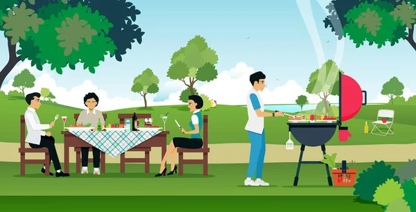 Hombres y mujeres están disfrutando de una fiesta de barbacoa . — Vector de stock