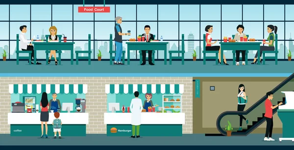 El restaurante se encuentra en el Food Court — Vector de stock