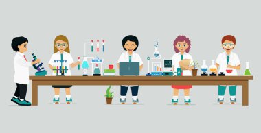 Çocuk bilim adamları gri arka planında ile bilimsel araştırma ile çalışıyoruz.