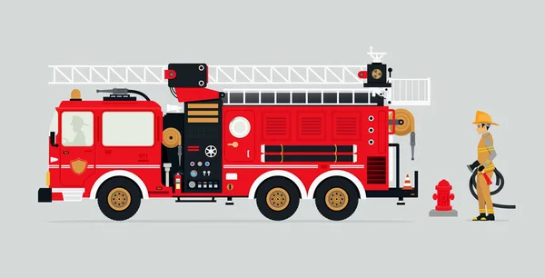 Camión de bomberos y bomberos — Vector de stock