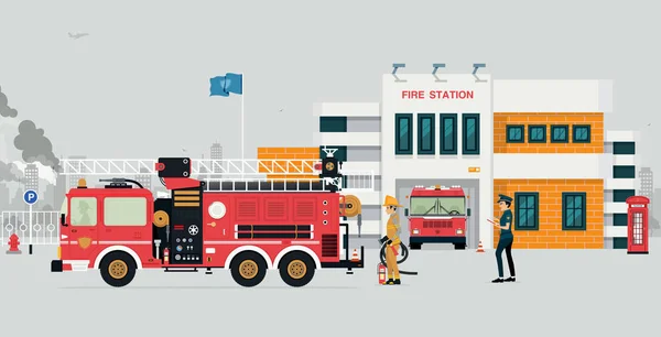 Brandweerkazerne met brandweerman — Stockvector