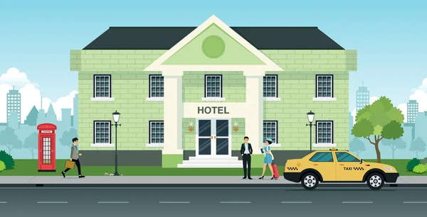 Turistas ficar hotel — Vetor de Stock