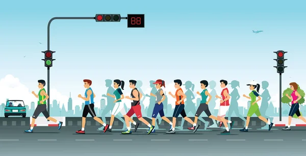 Maratón Con Ciudad Como Telón Fondo — Vector de stock