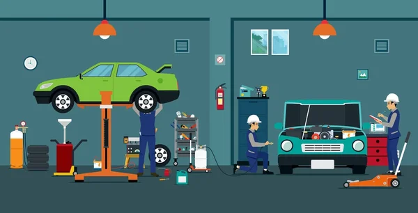 Los Empleados Están Revisando Reparando Coches Garaje — Vector de stock