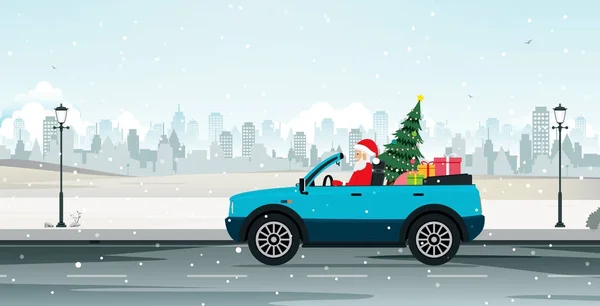 Santa Driver Staden Med Gåvor Och Julgranar — Stock vektor