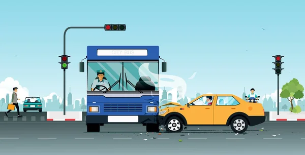 Olycka Buss Kolliderar Med Ett Personliga Fordon Grund Trafikljus Överträdelser — Stock vektor