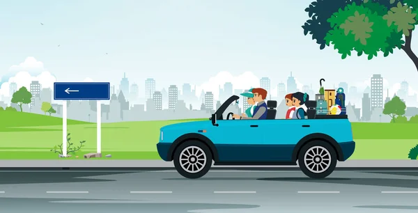 Papai Dirige Carro Para Esposa Crianças Viajam — Vetor de Stock