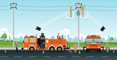 Bir şehir fon sepeti Crane'le elektrikçi çalışır.