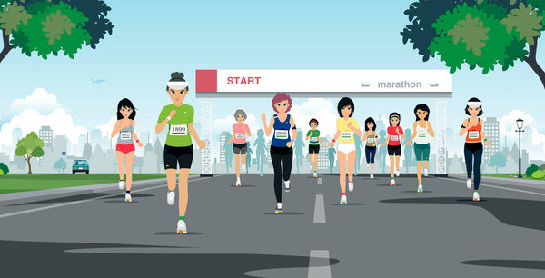 Марафонцы на старте в городском парке
.