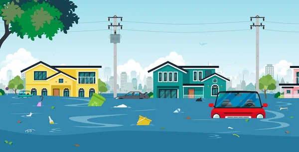 Überschwemmungen Der Stadt Und Autos Mit Müll Der Wasser Treibt — Stockvektor
