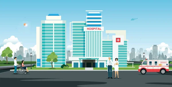 Médecin Infirmière Devant Hôpital Avec Ambulance — Image vectorielle