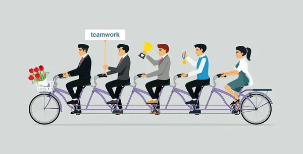 Equipos Empresarios Comparten Paseo Bicicleta Tándem Con Trofeos — Vector de stock