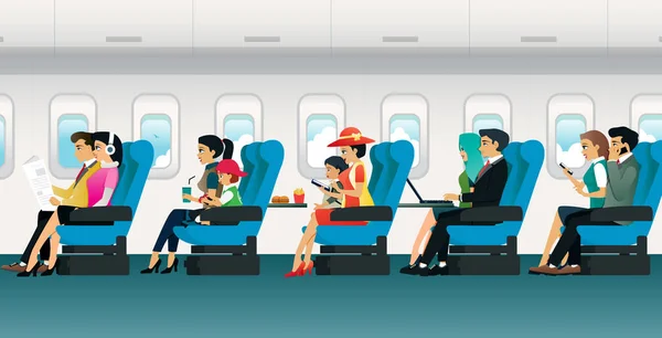 Vários Turistas Sentados Uma Cadeira Dentro Avião —  Vetores de Stock