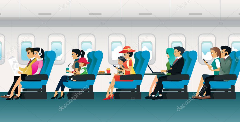 Various tourists Sitting on a chair inside the plane.