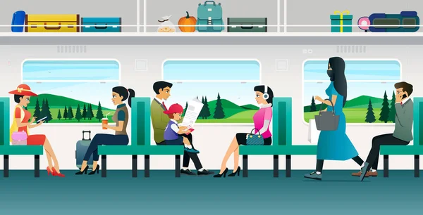 人们在高山的背景下乘火车旅行 — 图库矢量图片