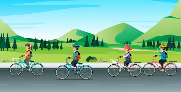 Παιδιά Ιππασία Ποδήλατα Στο Σχολείο Ένα Βουνό Στο Παρασκήνιο — Διανυσματικό Αρχείο