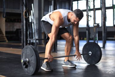 Kaslı adam ile halter, pazı egzersizleri yapıyor spor salonunda egzersiz.