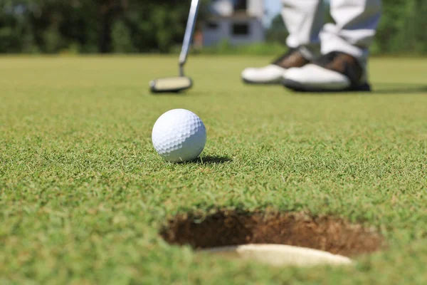 Golf játékos a üzembe zöld ütő labdát egy lyukba. — Stock Fotó
