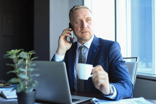 Mellersta Åldern Affärsman Med Laptop Prata Telefon Moderna Kontor — Stockfoto