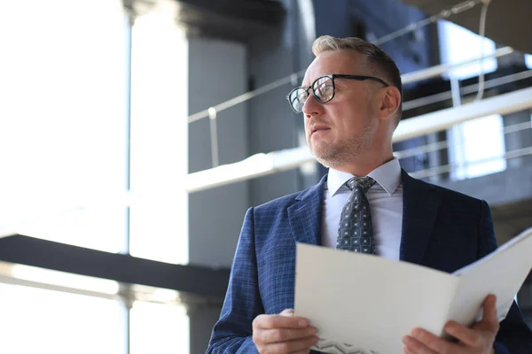 Succesvolle Volwassen Ondernemer Bestudeert Documenten Met Een Attente Geconcentreerde Blik — Stockfoto