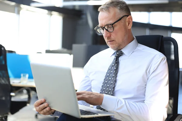 Gammal Affärsman Som Arbetar Med Dator Modernt Kontor — Stockfoto