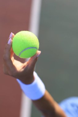 Arka planda tenis kortu olan bir tenis topu tutan kadın.