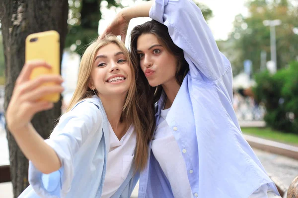 Dos Amigos Riendo Disfrutando Fin Semana Juntos Haciendo Selfie Fondo —  Fotos de Stock