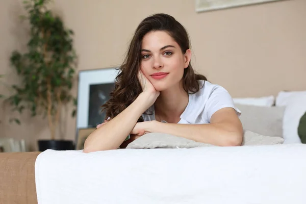 Cheerful Woman Bed Smiling Looking Camera — Stock Photo, Image