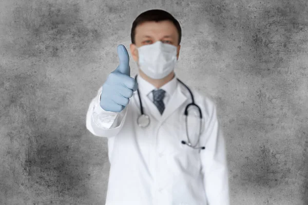 Portrait Male Doctor Wearing Surgical Mask Showing Thumb Isolated Gray — Stock Photo, Image