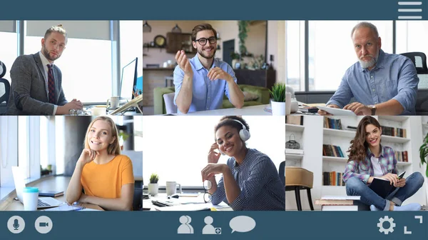 Groep zakenmensen met behulp van moderne technologieën videogesprek, ideeën brainstormen delen. Scherm PC. Webcam groep conferentie met collega 's. — Stockfoto