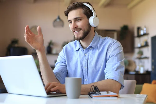 Happy Young Man Earphones Working Laptop Home Self Isolation — Stock Photo, Image