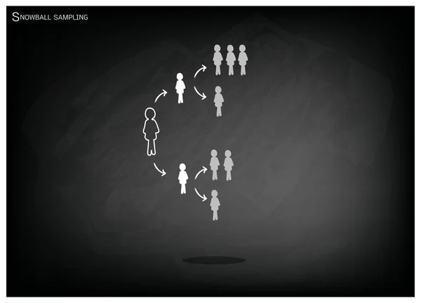 Geschäfts- und Marketing- oder Sozialforschungsprozesse, Schneeballstichprobenahme ist eine Technik, die in der qualitativen Forschung auf schwarzer Kreide keine Wahrscheinlichkeitsstichprobe ist — Stockillustration Schneeballstichproben, die Methoden der Probenahme in der qualitativen Forschung — Stockvektor