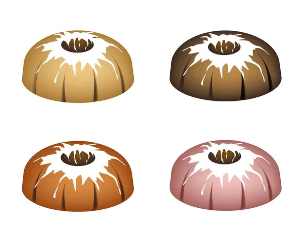 Vier Bundt Cake gegarneerd met suiker glazuur — Stockvector