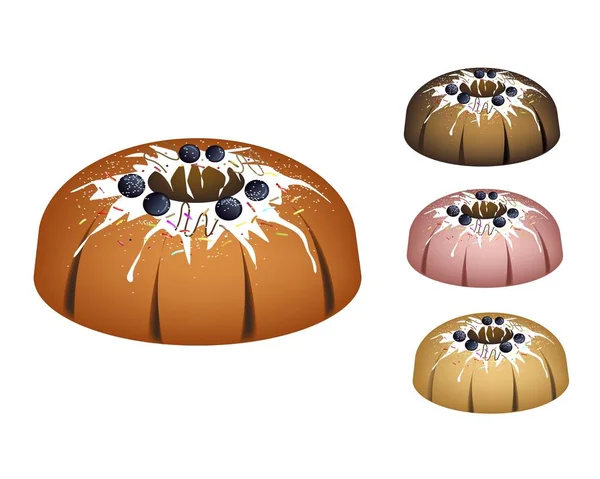 Quatre gâteaux Bundt garnis de sucre glacé et de bleuets — Image vectorielle