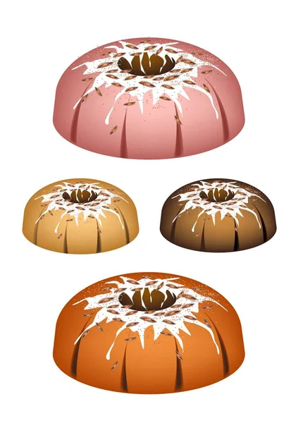 Quatre gâteaux Bundt garnis de glaçure de sucre et de noix — Image vectorielle