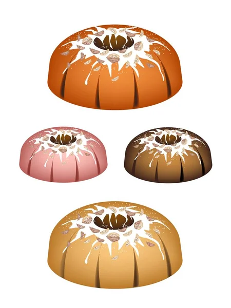 Quatre gâteaux Bundt garnis de glaçure de sucre et de noix — Image vectorielle