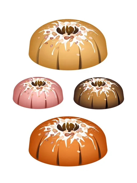 Four Bundt Cake Topped with Sugar Glaze and Peanuts — Stock Vector