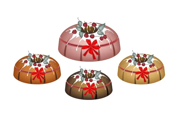 Quatre gâteaux Bundt garnis de glaçure de sucre et de cerises — Image vectorielle