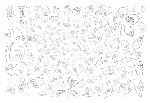 Set di gesti della mano umana schizzo su sfondo bianco — Vettoriale Stock
